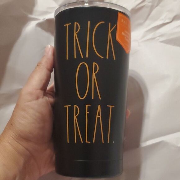NEW Rae Dunn TRICK OR TREAT black orange Halloween tumbler cup w/ slide lid NWT - Picture 2 of 6